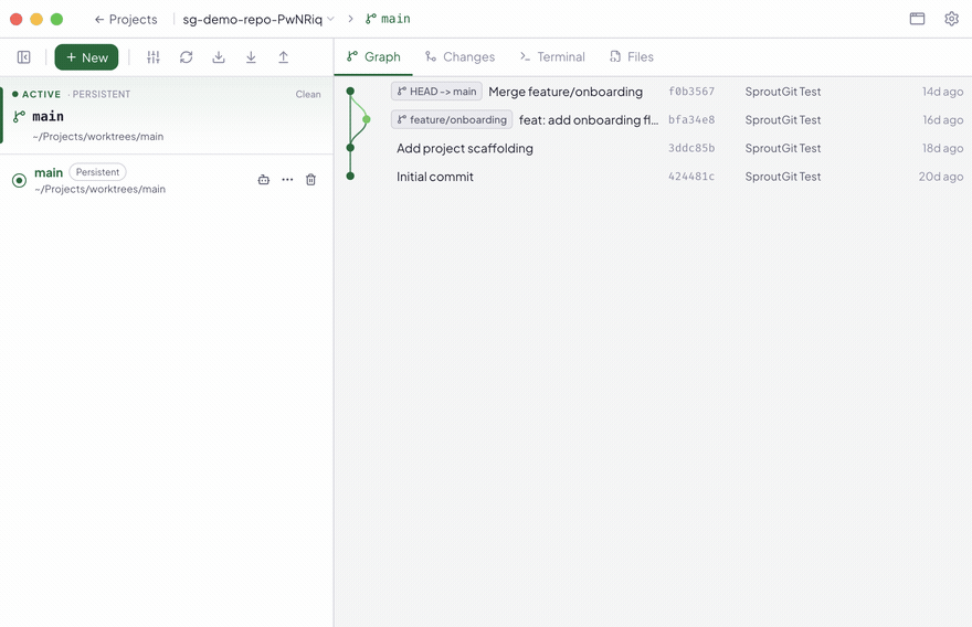 Demo: creating worktrees, launching parallel AI agent sessions in each one, reviewing a diff, and merging — all from the same window